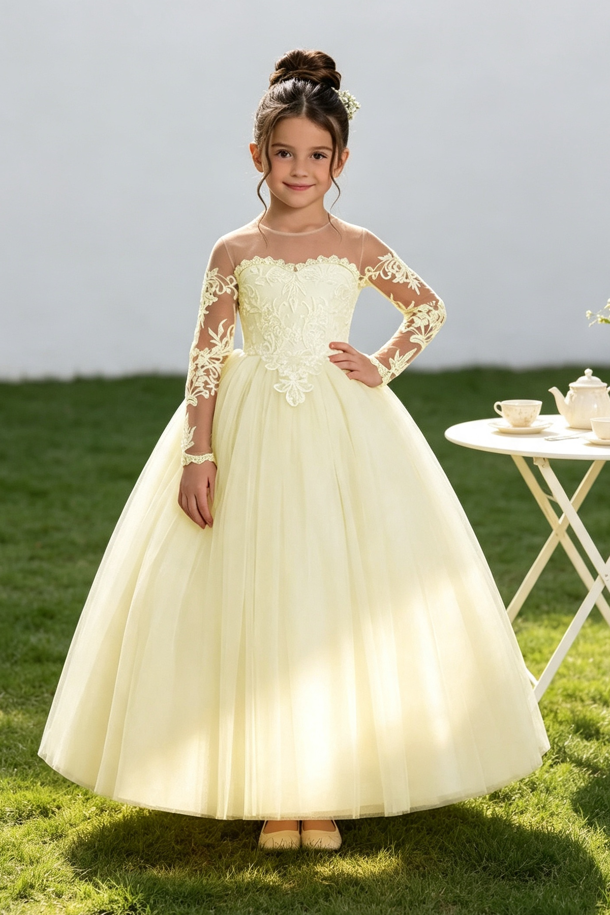 Blush Lace Tulle Long‑Sleeve A‑Line Communion Gown for Girls