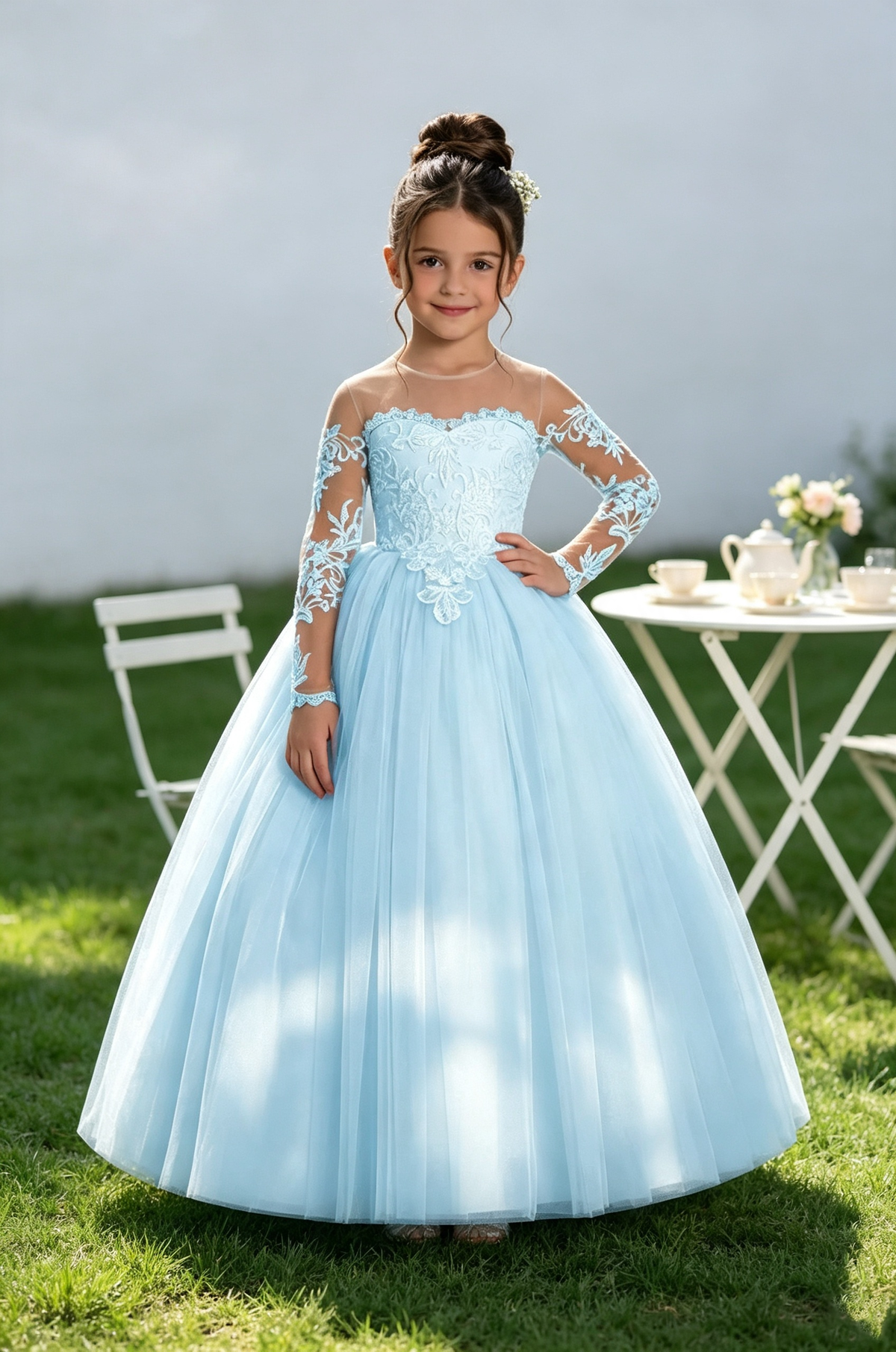 Blush Lace Tulle Long‑Sleeve A‑Line Communion Gown for Girls