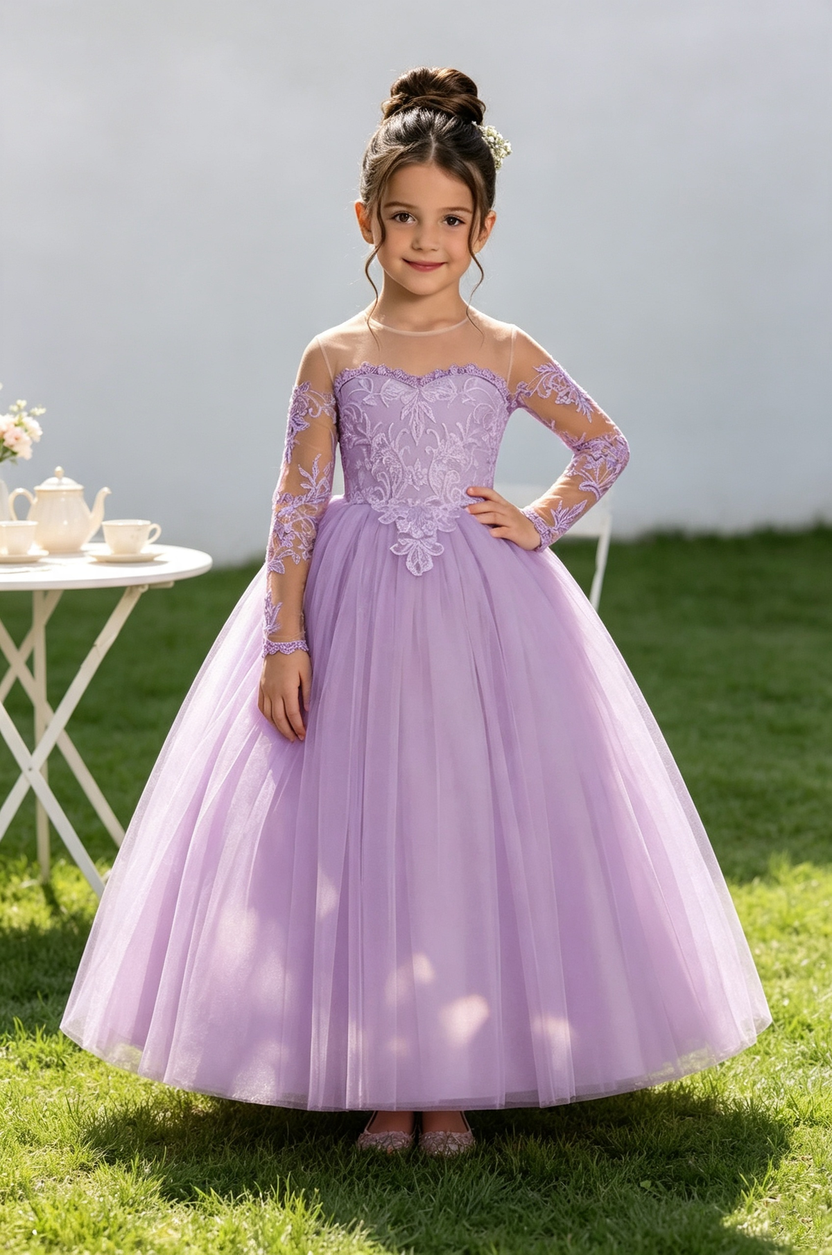 Blush Lace Tulle Long‑Sleeve A‑Line Communion Gown for Girls