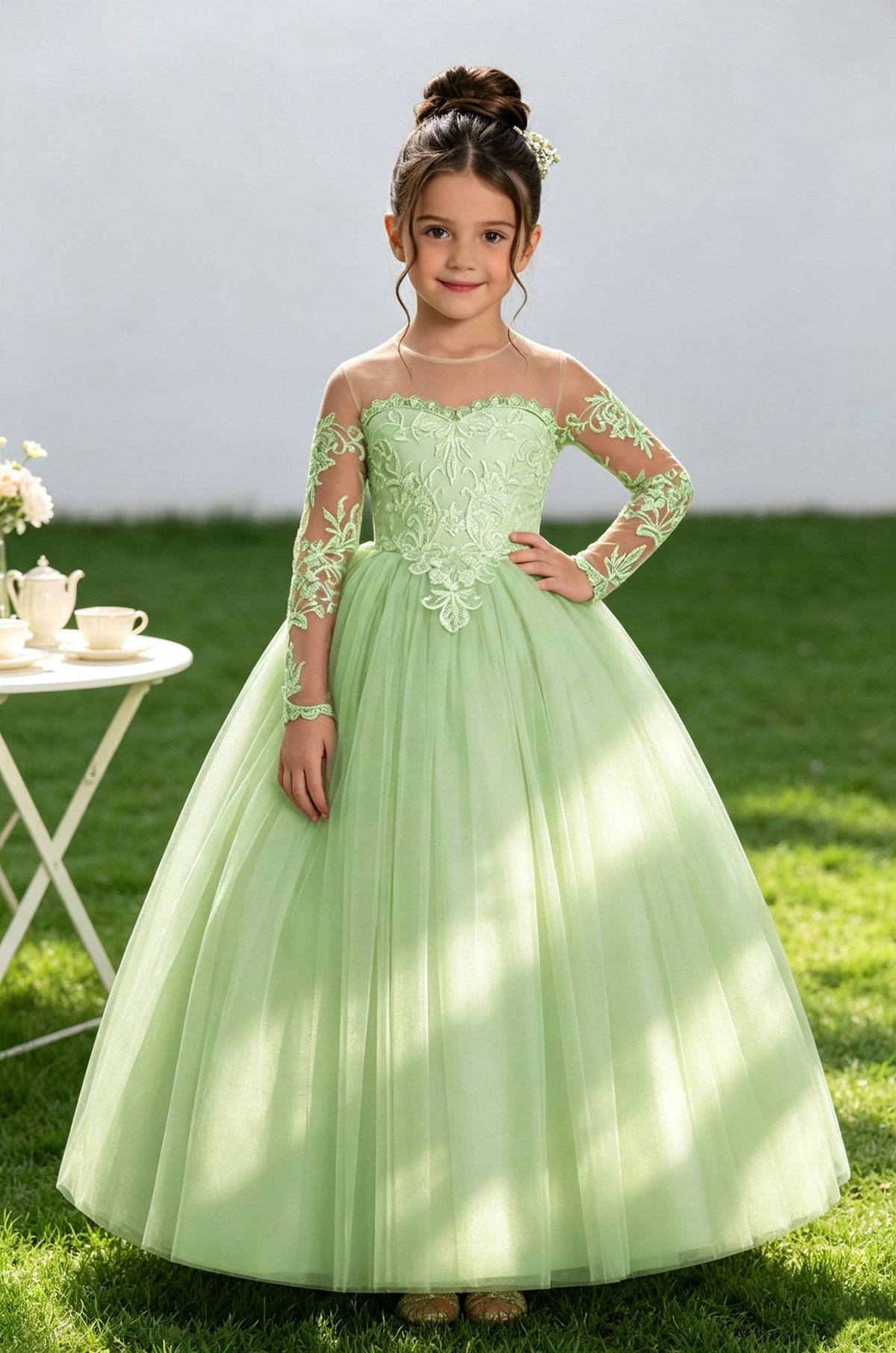 Blush Lace Tulle Long‑Sleeve A‑Line Communion Gown for Girls