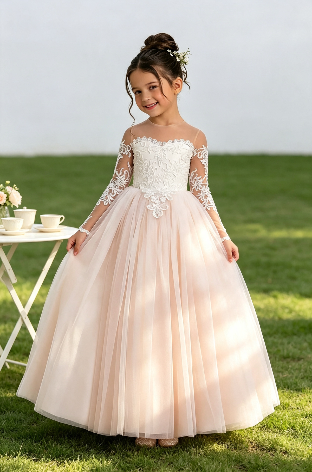 Blush Lace Tulle Long‑Sleeve A‑Line Communion Gown for Girls