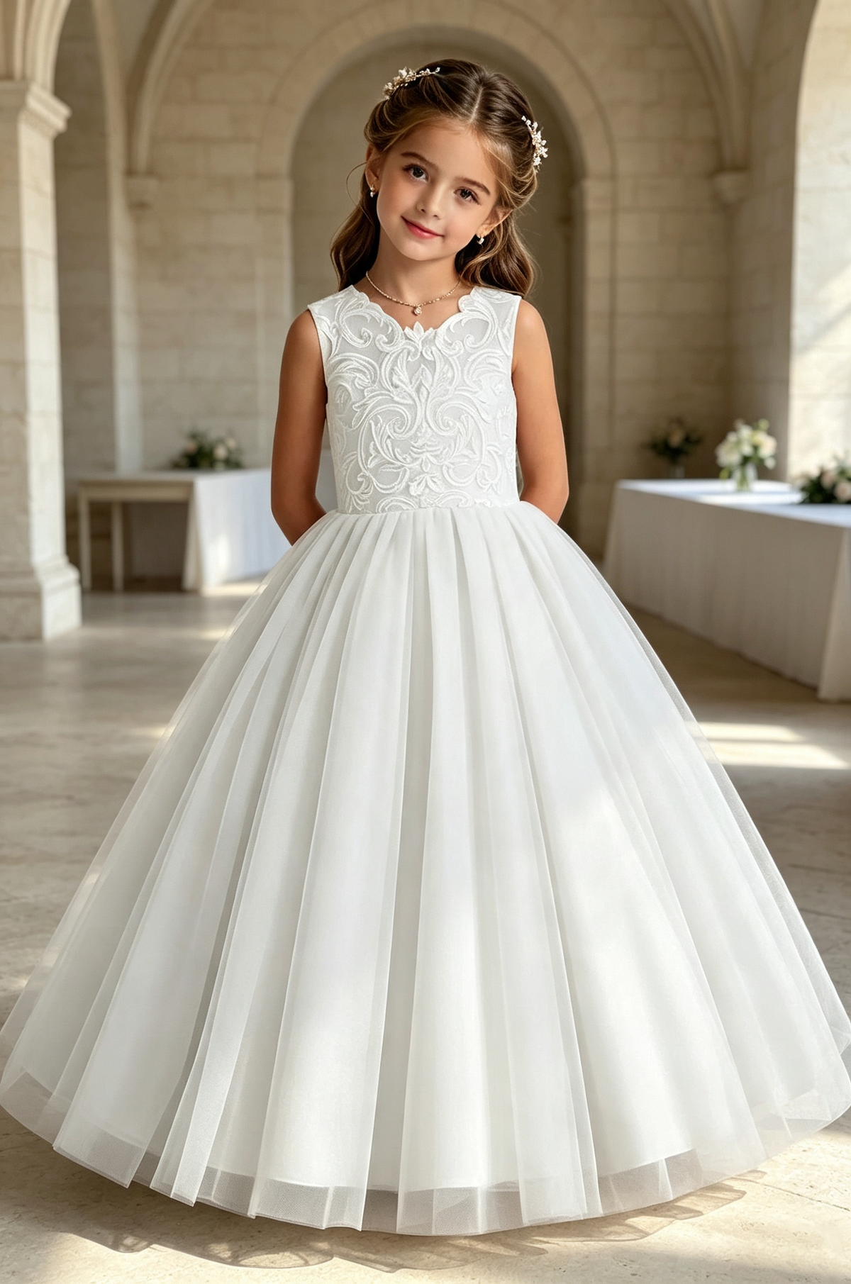 Pink Lace Tulle A‑Line Flower Girl Gown with Large Back Satin Bow