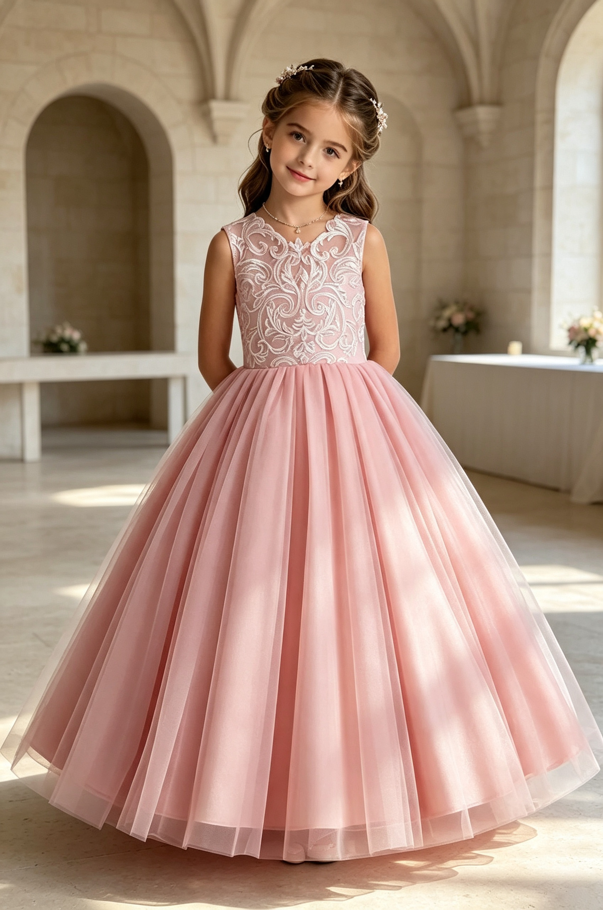 Pink Lace Tulle A‑Line Flower Girl Gown with Large Back Satin Bow