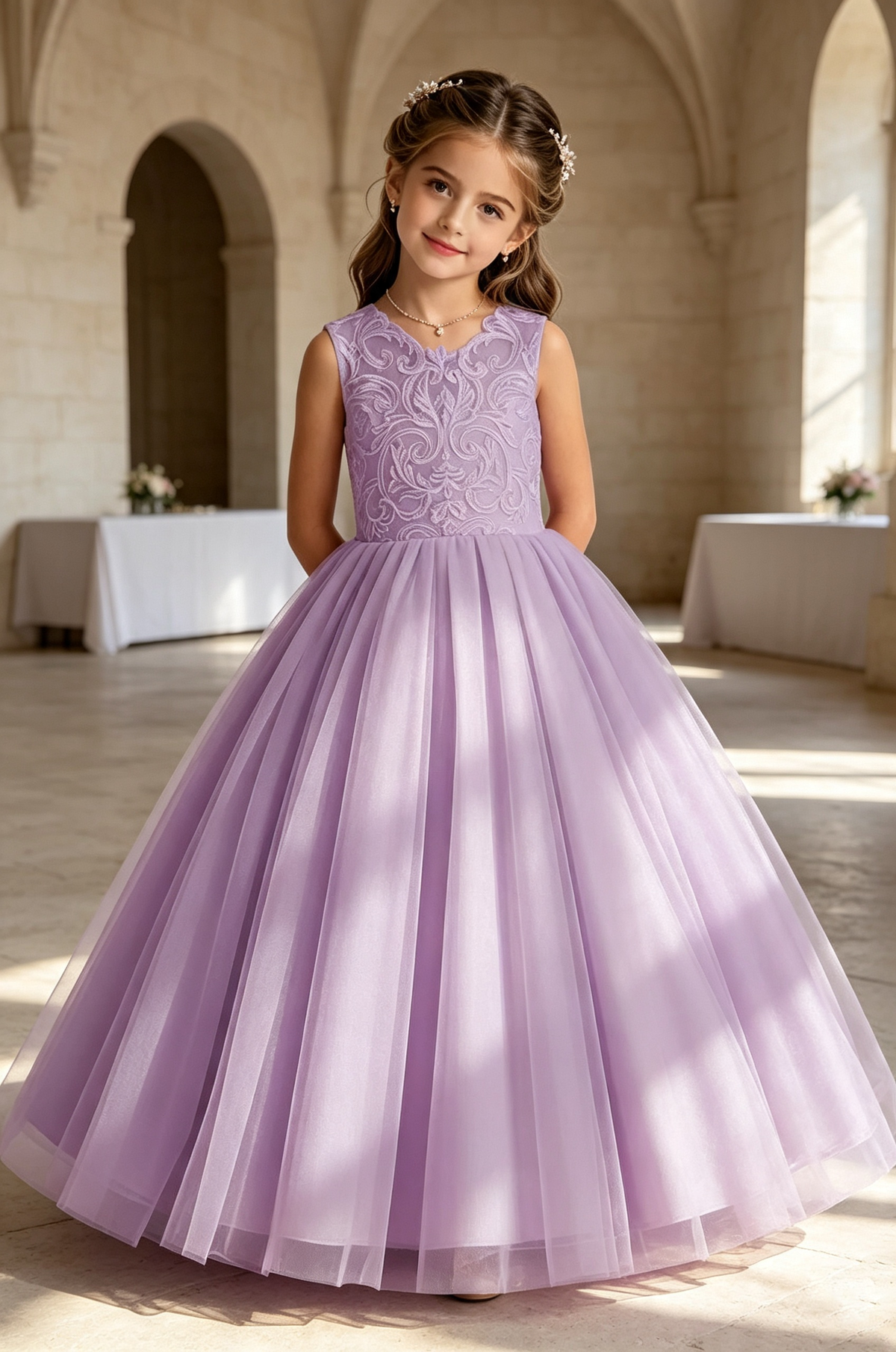Pink Lace Tulle A‑Line Flower Girl Gown with Large Back Satin Bow