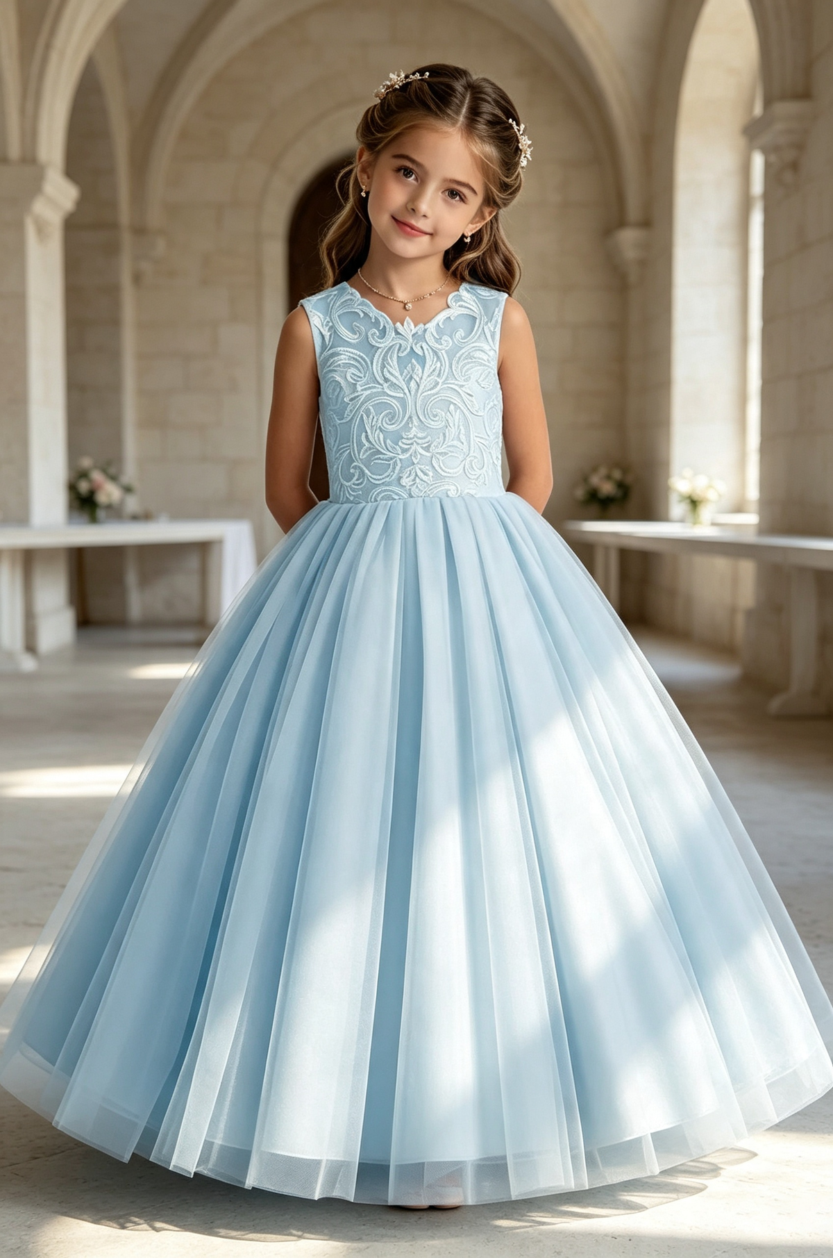 Pink Lace Tulle A‑Line Flower Girl Gown with Large Back Satin Bow