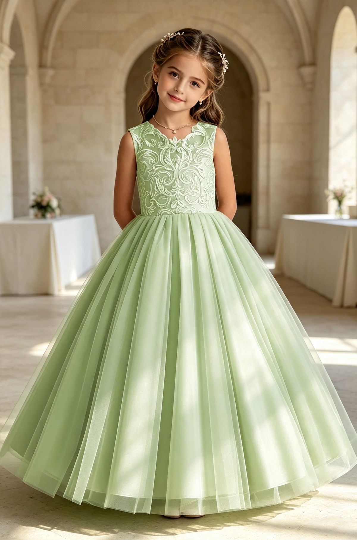 Pink Lace Tulle A‑Line Flower Girl Gown with Large Back Satin Bow