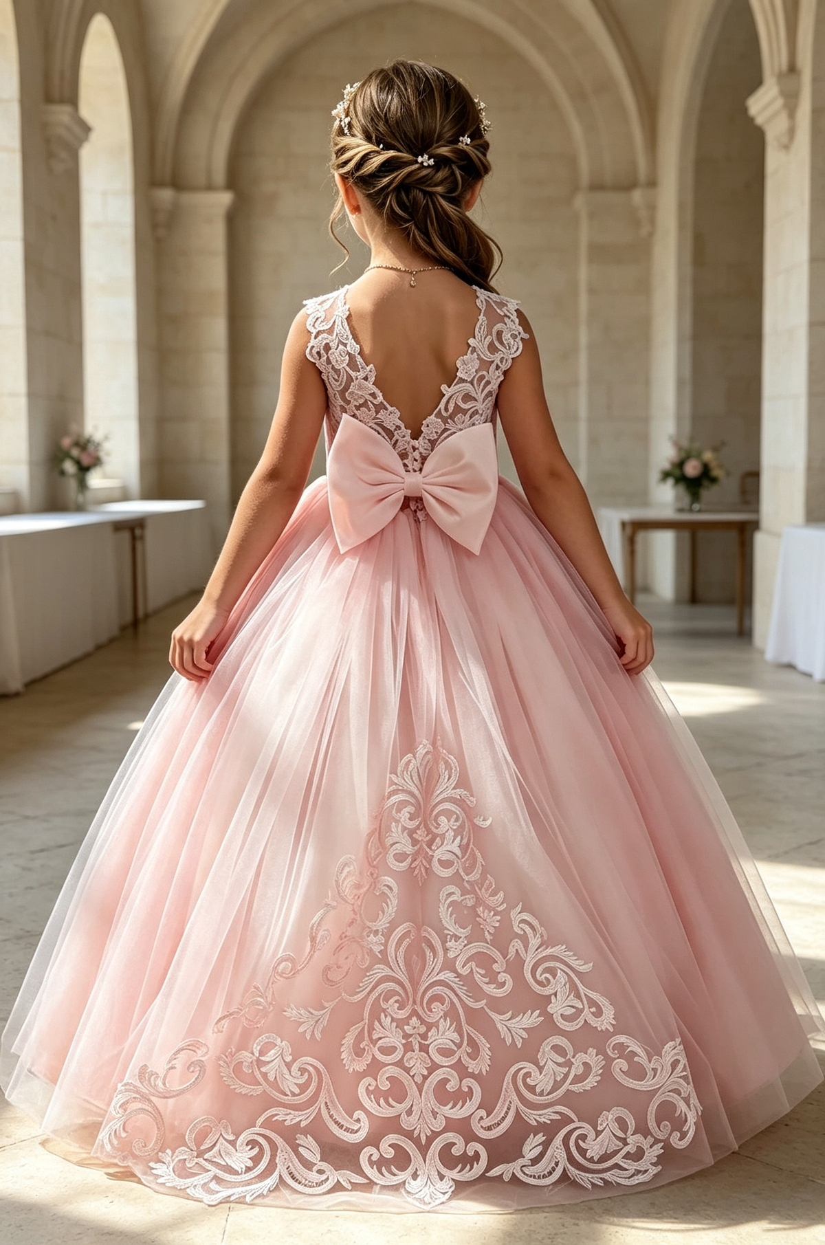 Pink Lace Tulle A‑Line Flower Girl Gown with Large Back Satin Bow