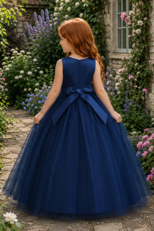 Navy Blue Sequin Lace Tulle A‑Line Flower Girl Gown with Satin Bow