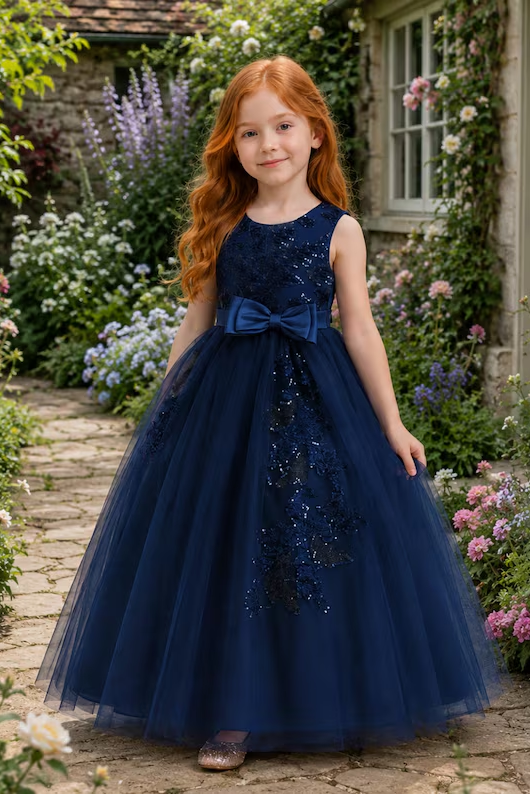 Navy Blue Sequin Lace Tulle A‑Line Flower Girl Gown with Satin Bow