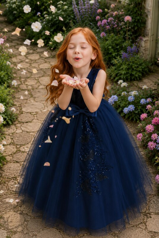 Navy Blue Sequin Lace Tulle A‑Line Flower Girl Gown with Satin Bow