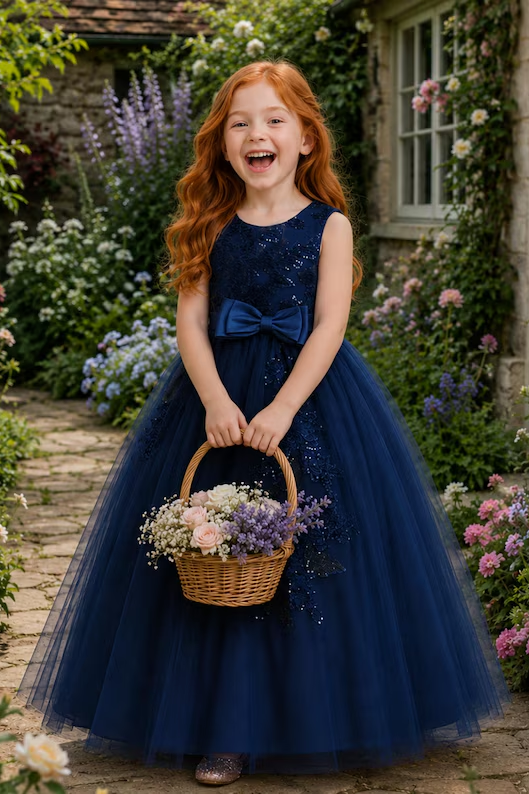 Navy Blue Sequin Lace Tulle A‑Line Flower Girl Gown with Satin Bow