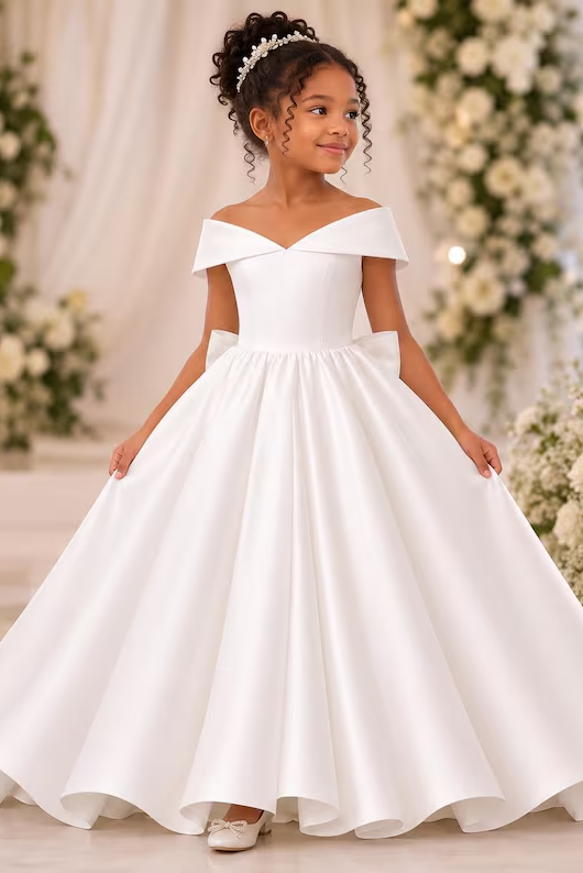 White Off‑the‑Shoulder Satin A‑Line Communion Gown with Large Back Bow