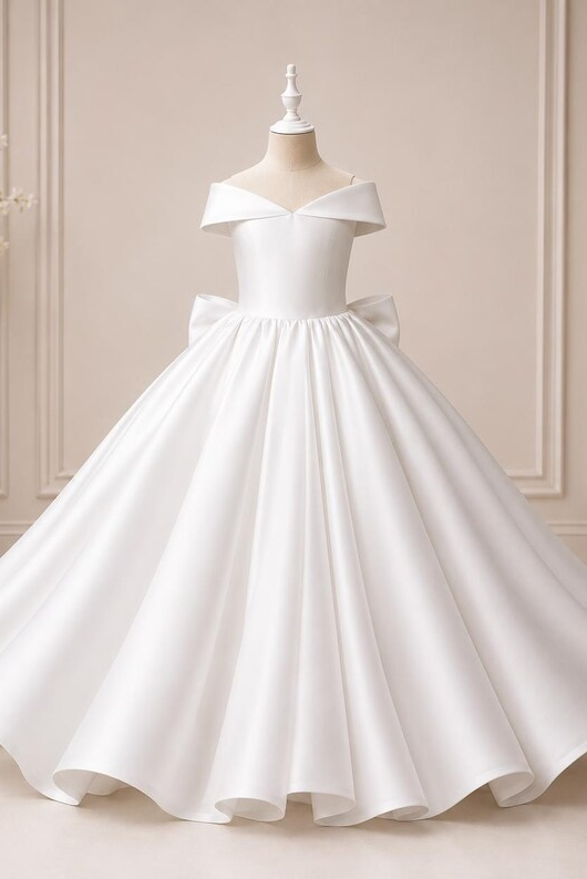 White Off‑the‑Shoulder Satin A‑Line Communion Gown with Large Back Bow