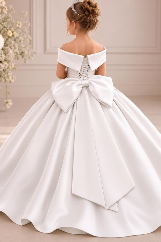 White Off‑the‑Shoulder Satin A‑Line Communion Gown with Large Back Bow