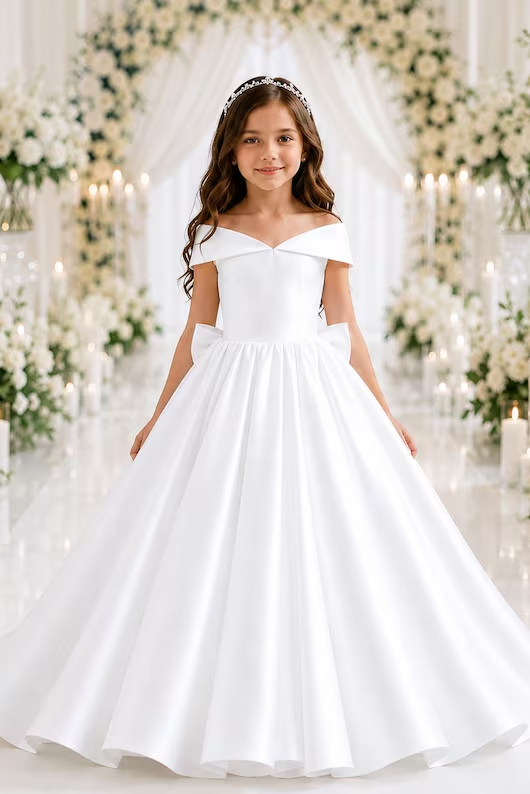 White Off‑the‑Shoulder Satin A‑Line Communion Gown with Large Back Bow