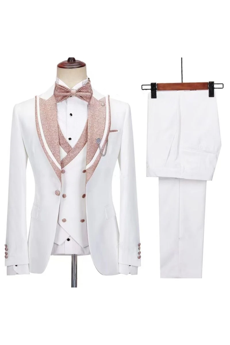 Cream White Serge?Blend Boys 3?Piece Suit with Rose?Gold Glitter Lapels