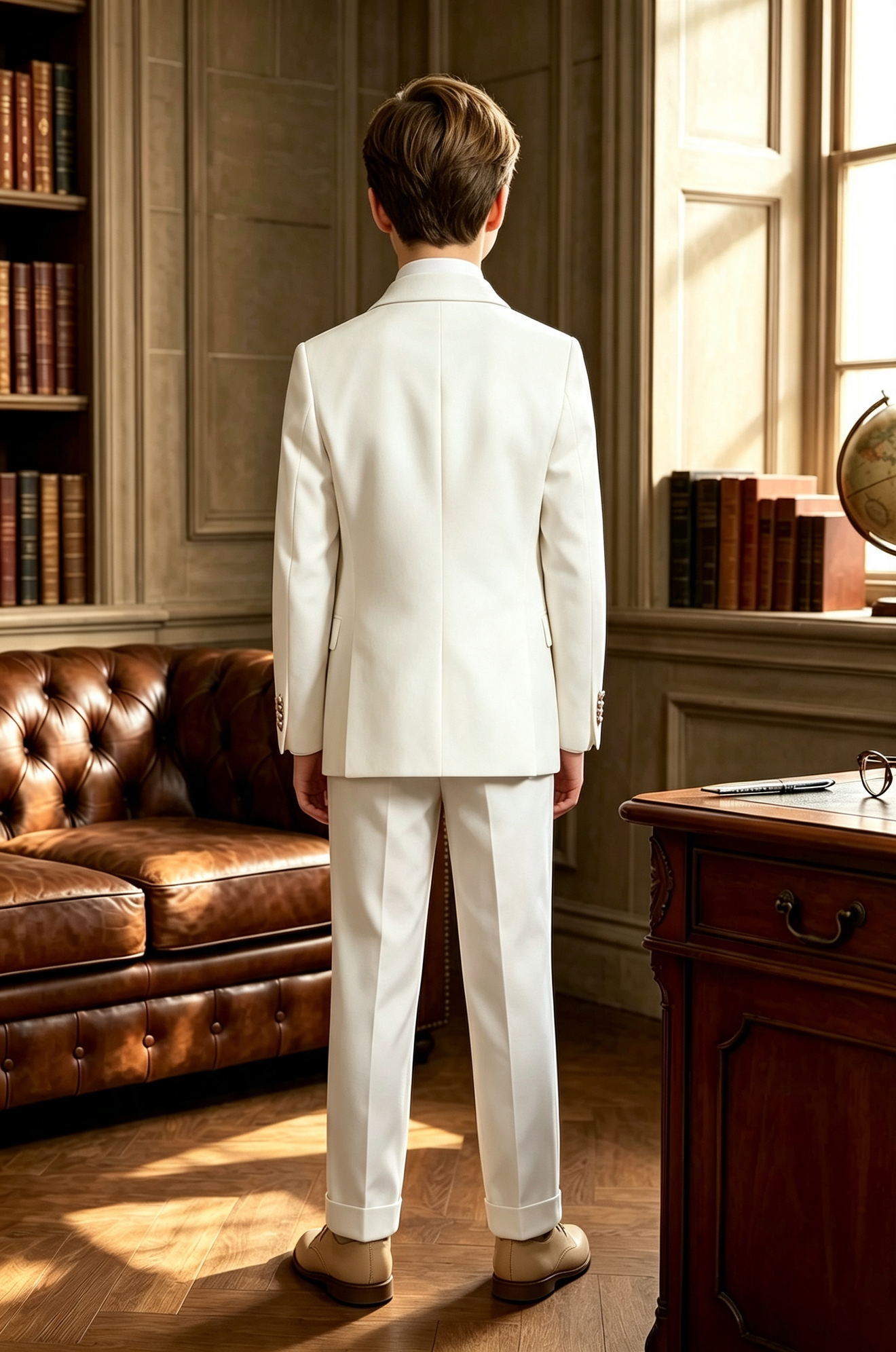 Cream White Serge?Blend Boys 3?Piece Suit with Rose?Gold Glitter Lapels