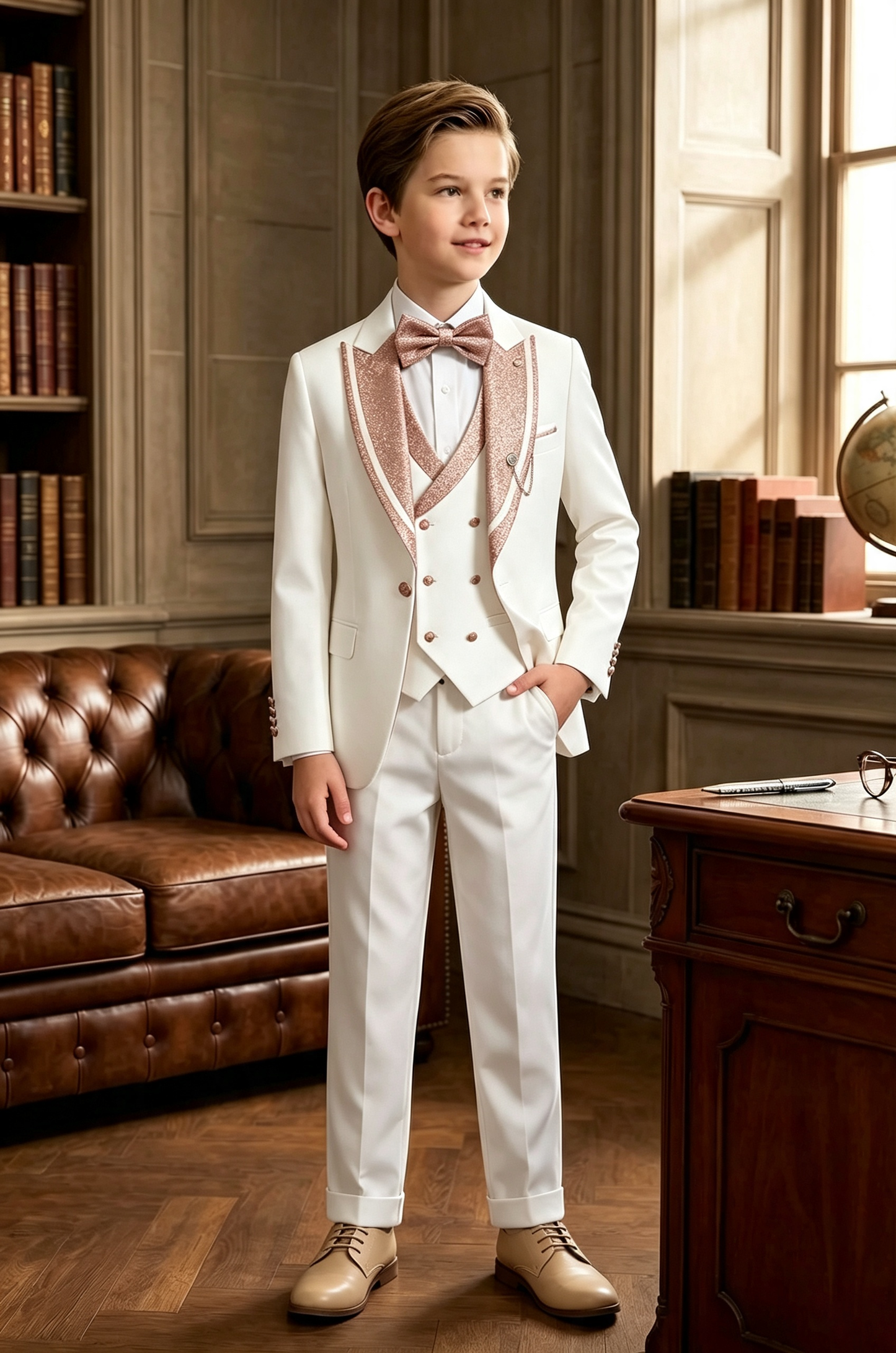 Cream White Serge?Blend Boys 3?Piece Suit with Rose?Gold Glitter Lapels