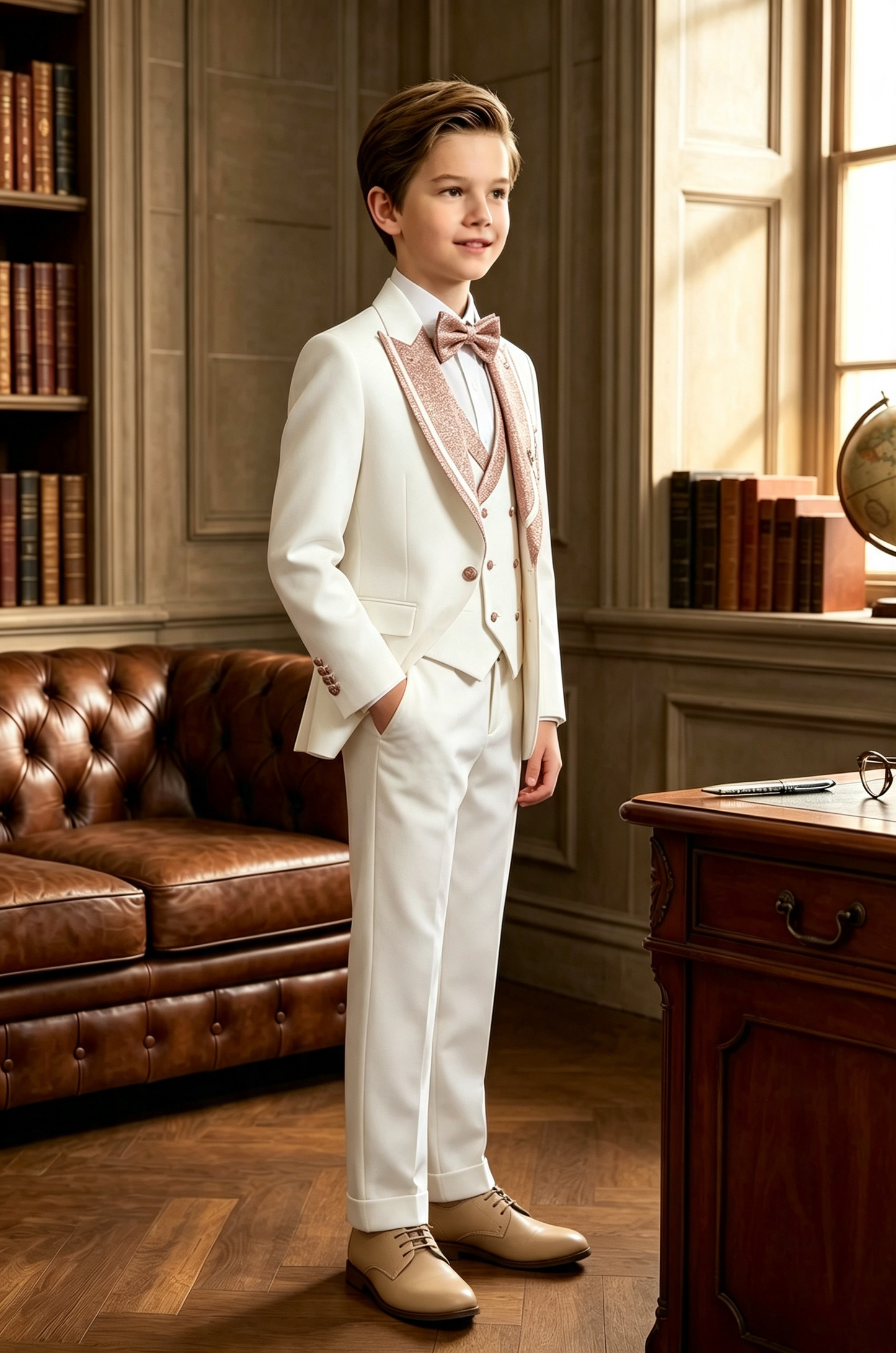 Cream White Serge?Blend Boys 3?Piece Suit with Rose?Gold Glitter Lapels