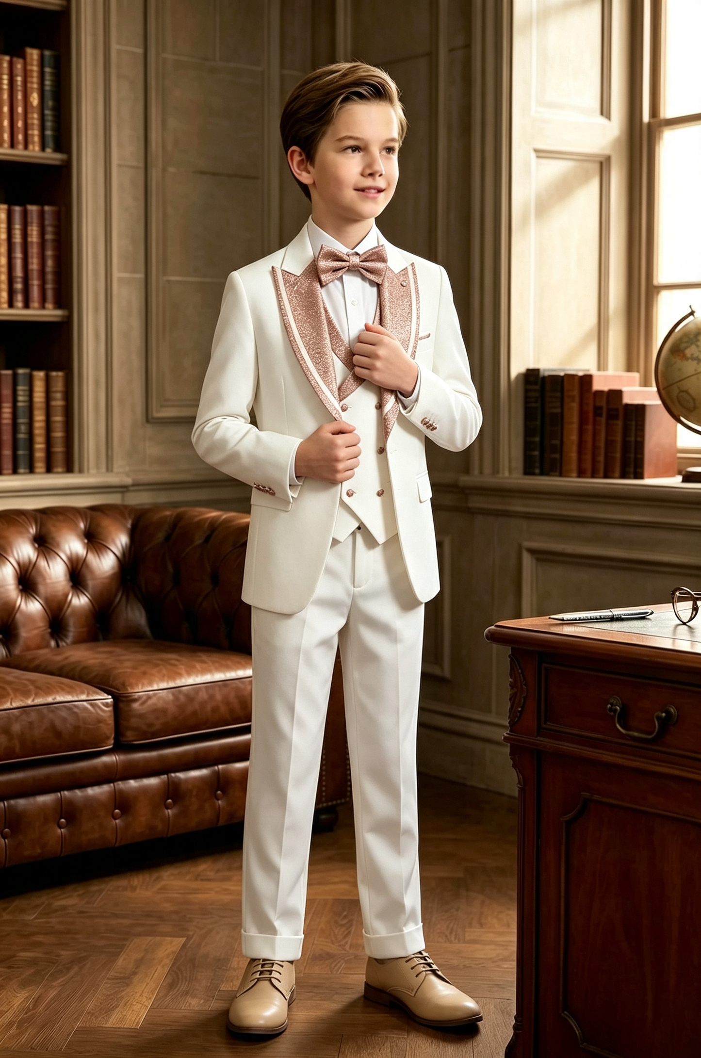 Cream White Serge?Blend Boys 3?Piece Suit with Rose?Gold Glitter Lapels