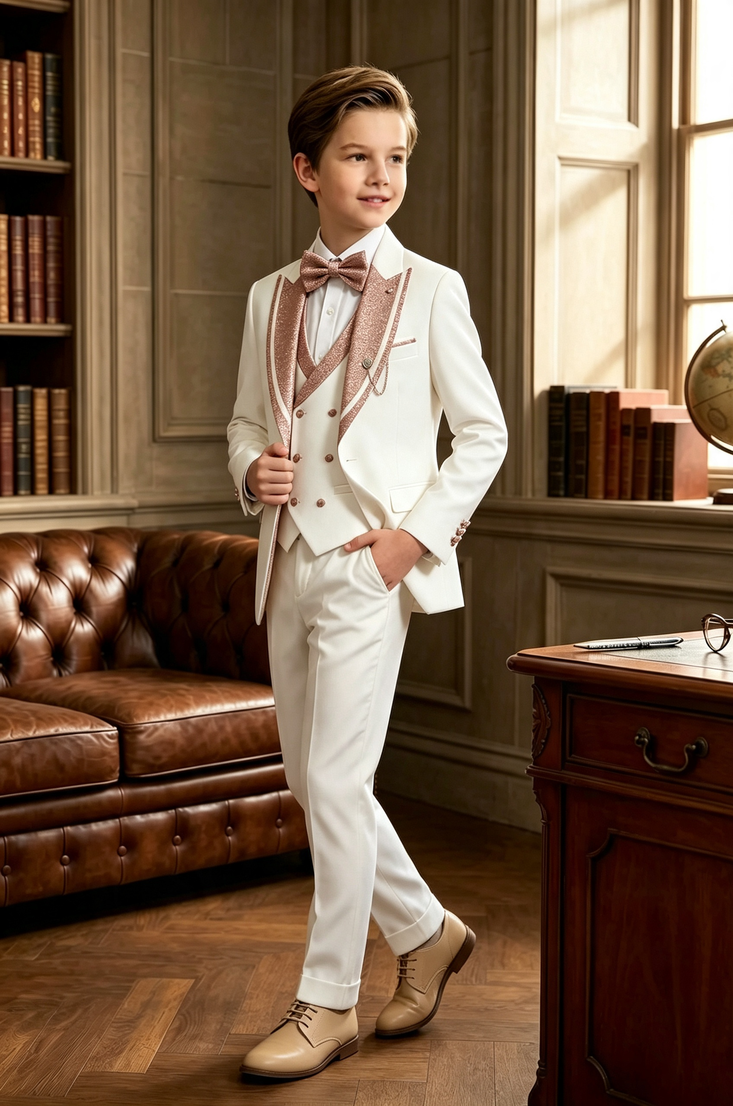 Cream White Serge?Blend Boys 3?Piece Suit with Rose?Gold Glitter Lapels