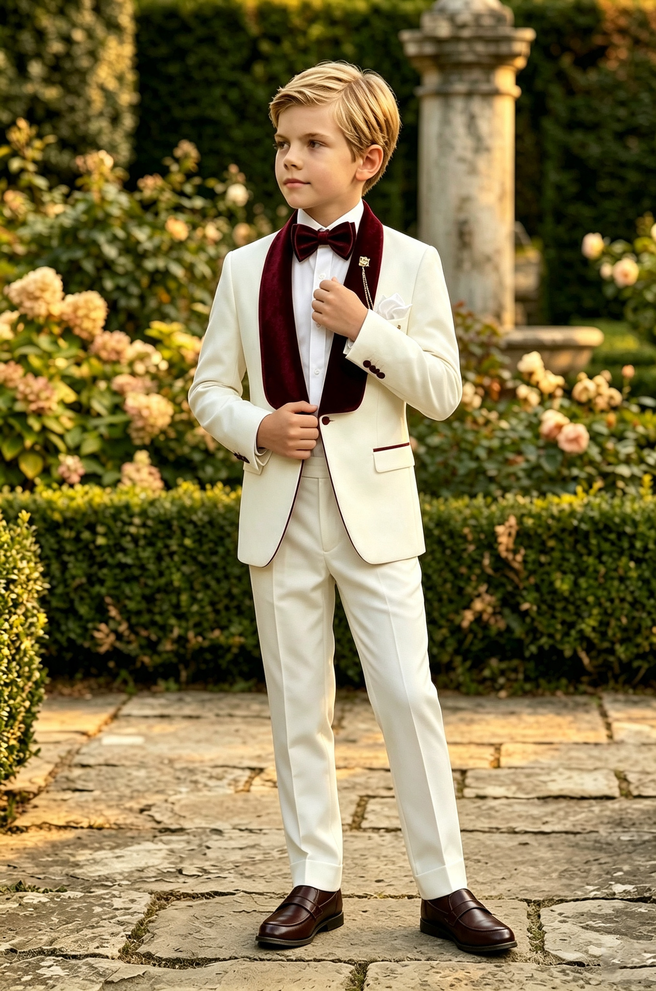 Cream White Serge?Blend Boys 2?Piece Tuxedo with Burgundy Velvet Lapels
