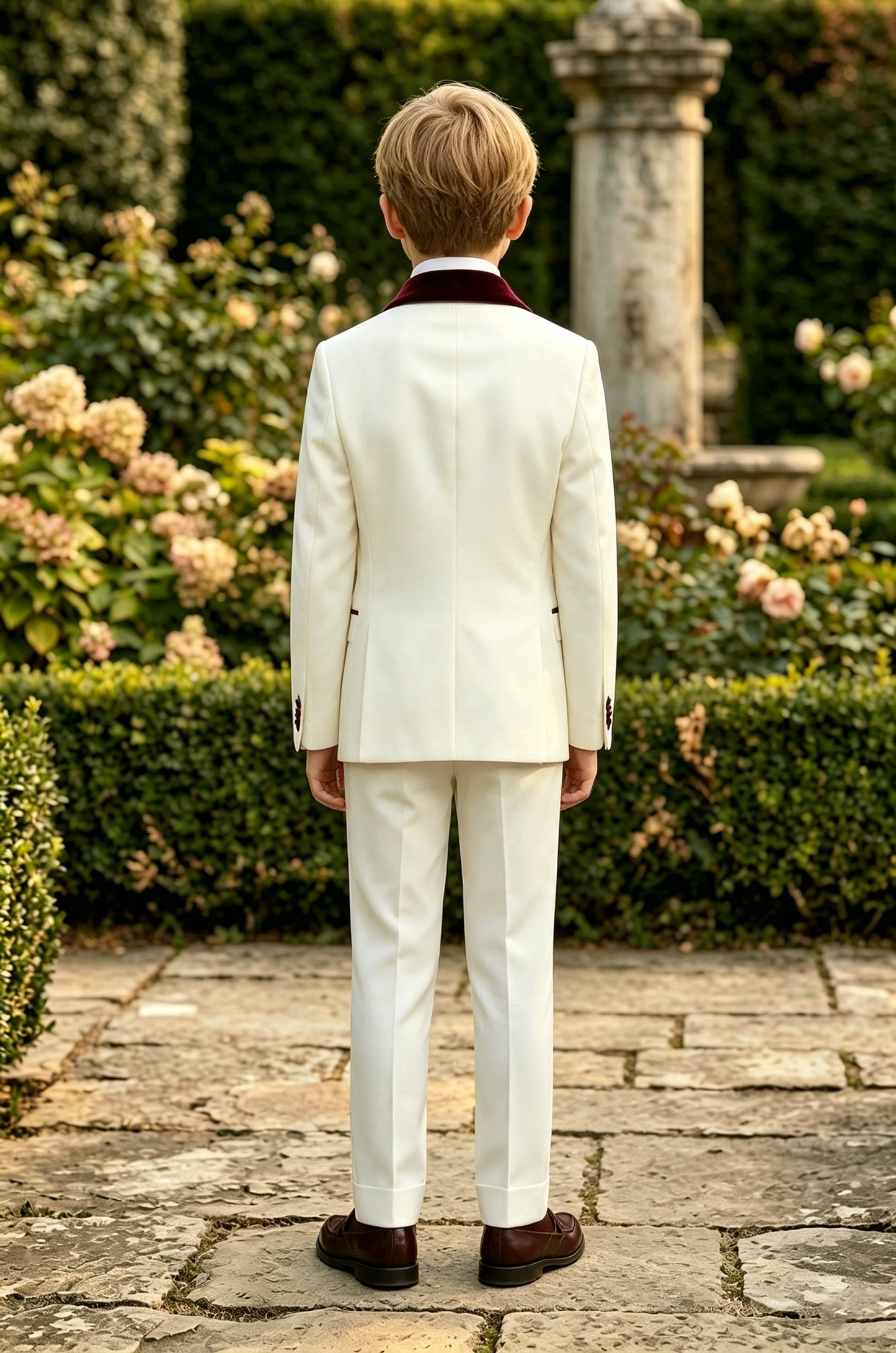 Cream White Serge?Blend Boys 2?Piece Tuxedo with Burgundy Velvet Lapels