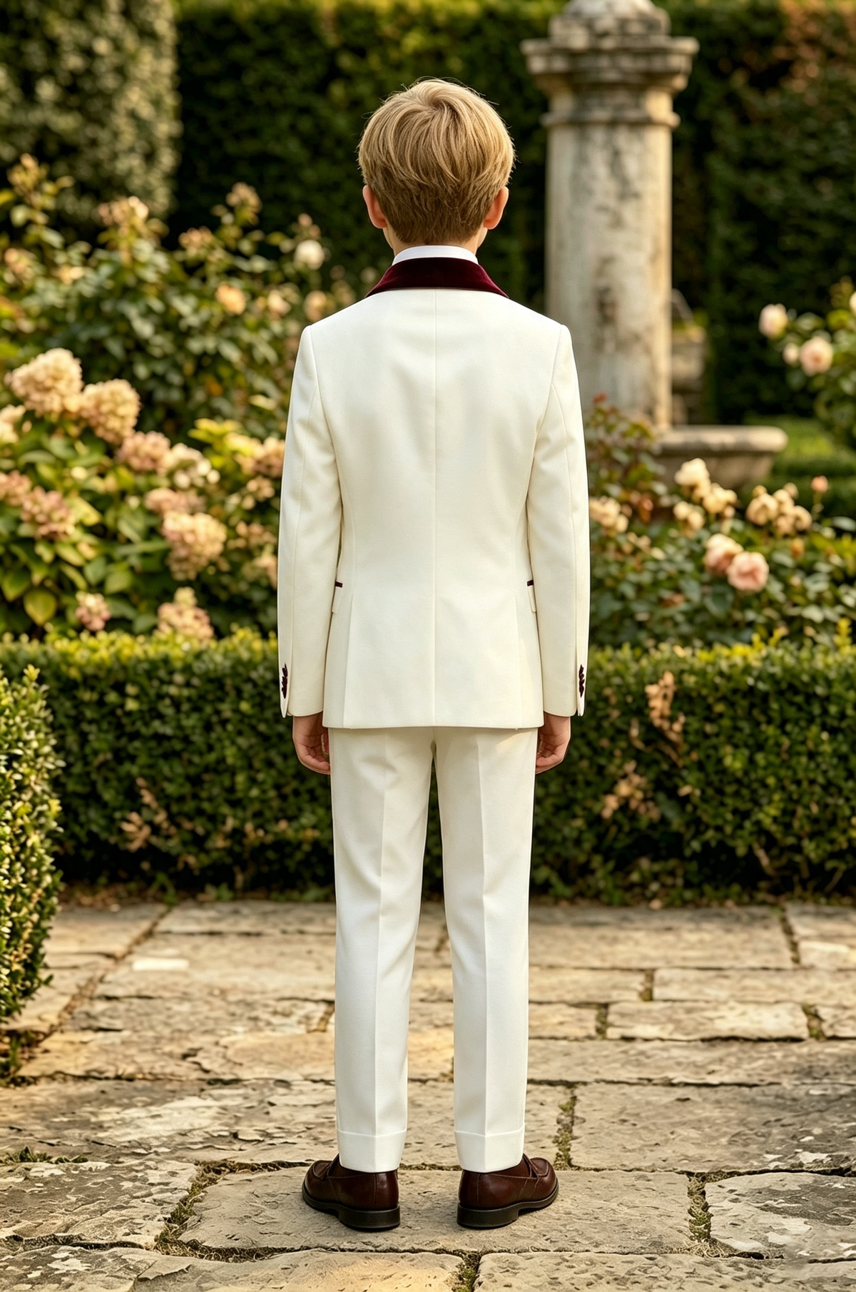 Cream White Serge?Blend Boys 2?Piece Tuxedo with Burgundy Velvet Lapels