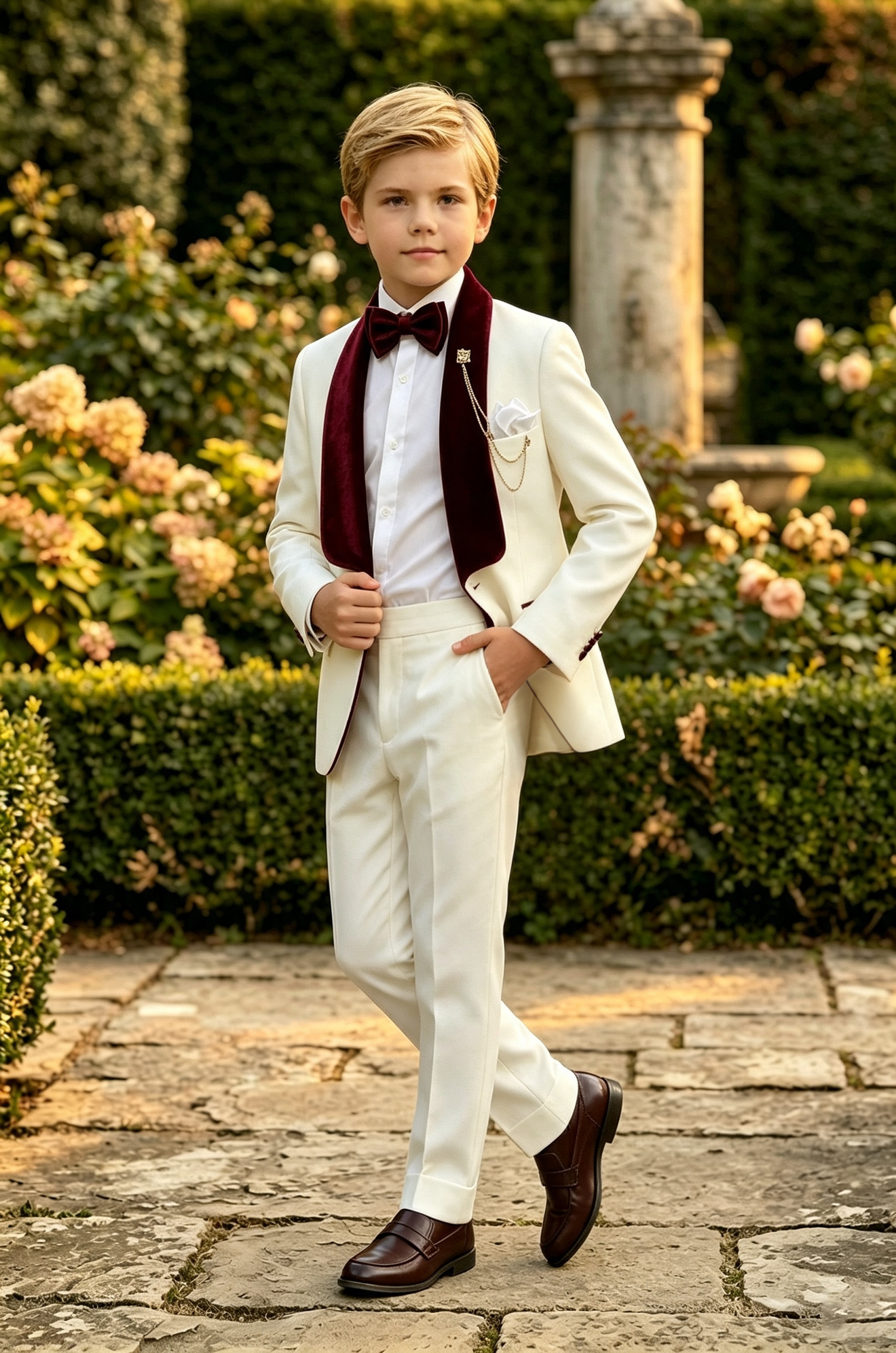 Cream White Serge?Blend Boys 2?Piece Tuxedo with Burgundy Velvet Lapels