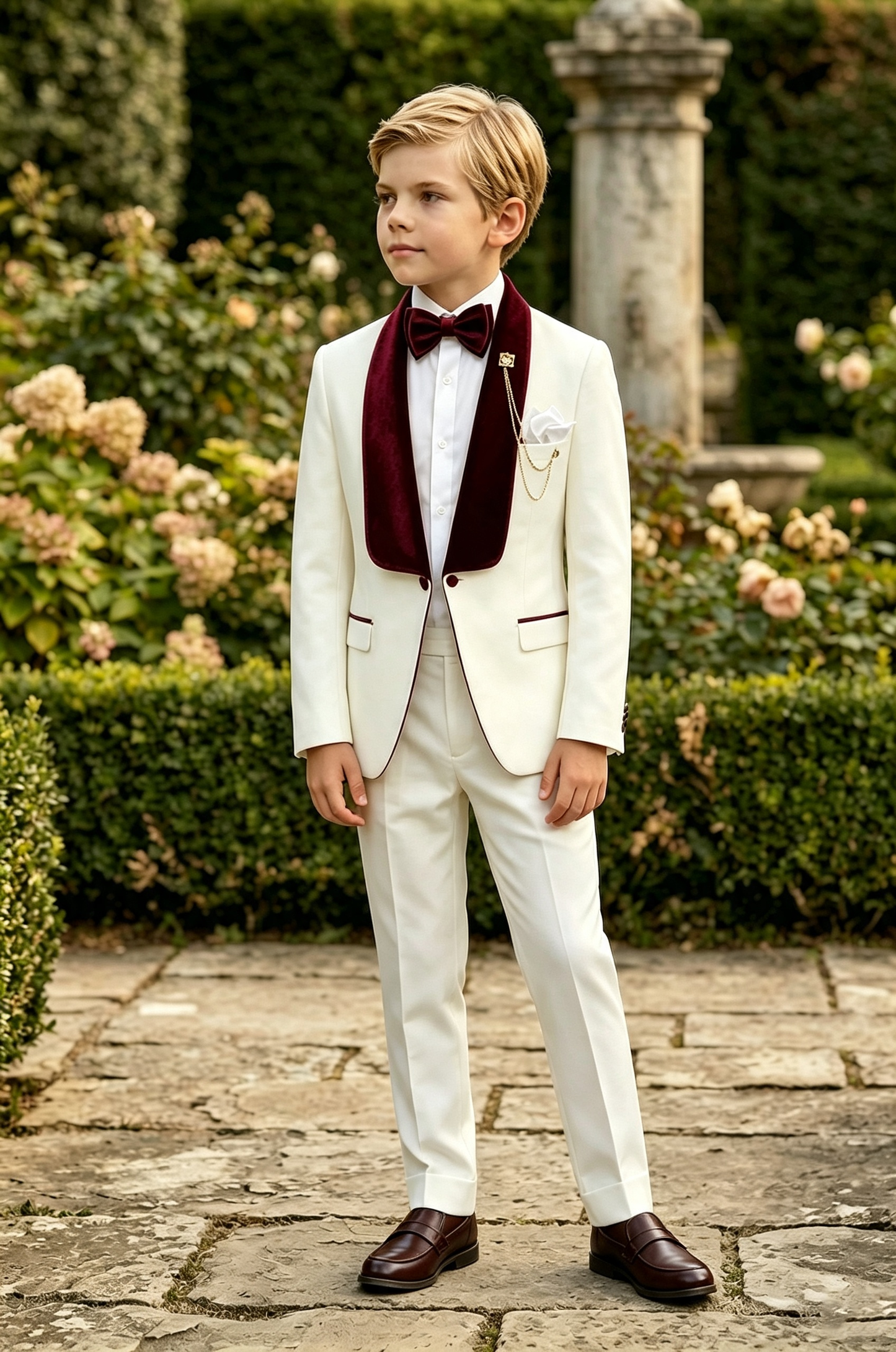 Cream White Serge?Blend Boys 2?Piece Tuxedo with Burgundy Velvet Lapels