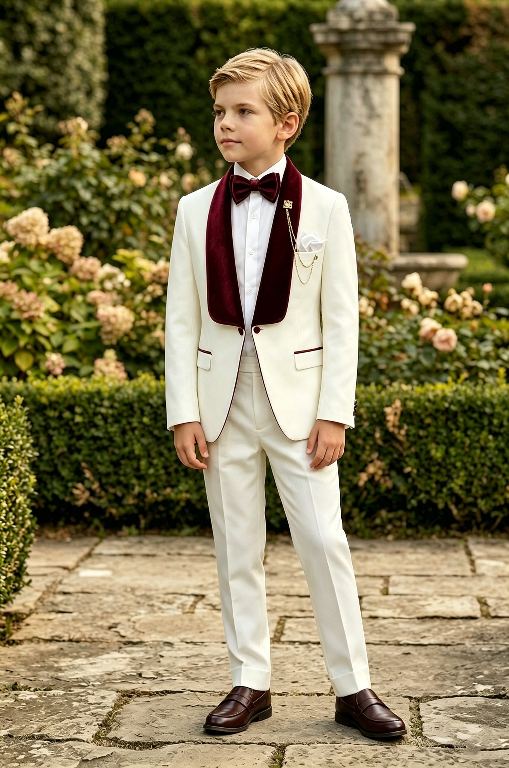 Cream White Serge?Blend Boys 2?Piece Tuxedo with Burgundy Velvet Lapels