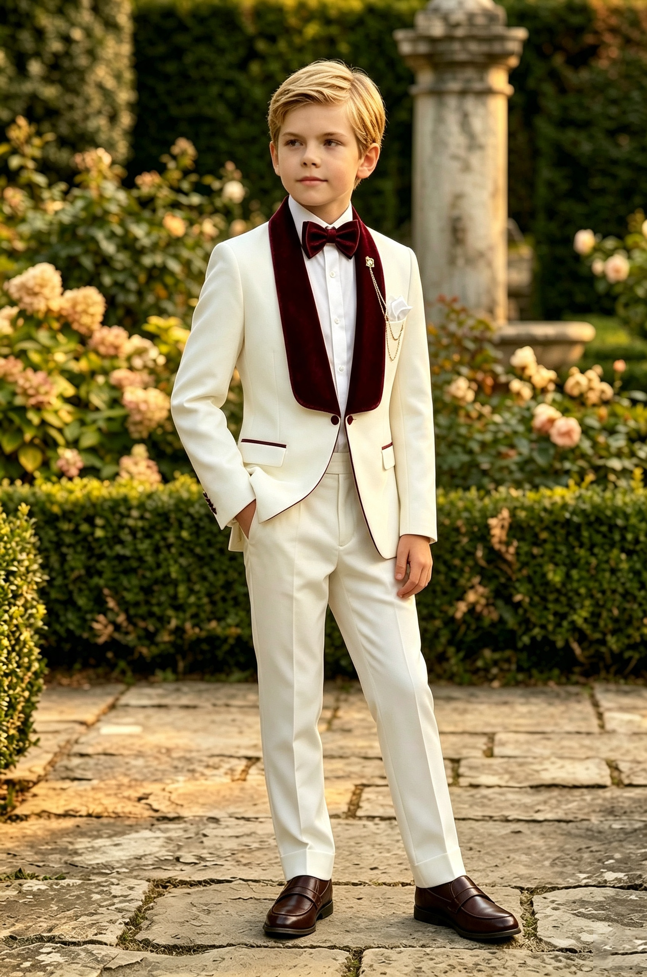 Cream White Serge?Blend Boys 2?Piece Tuxedo with Burgundy Velvet Lapels