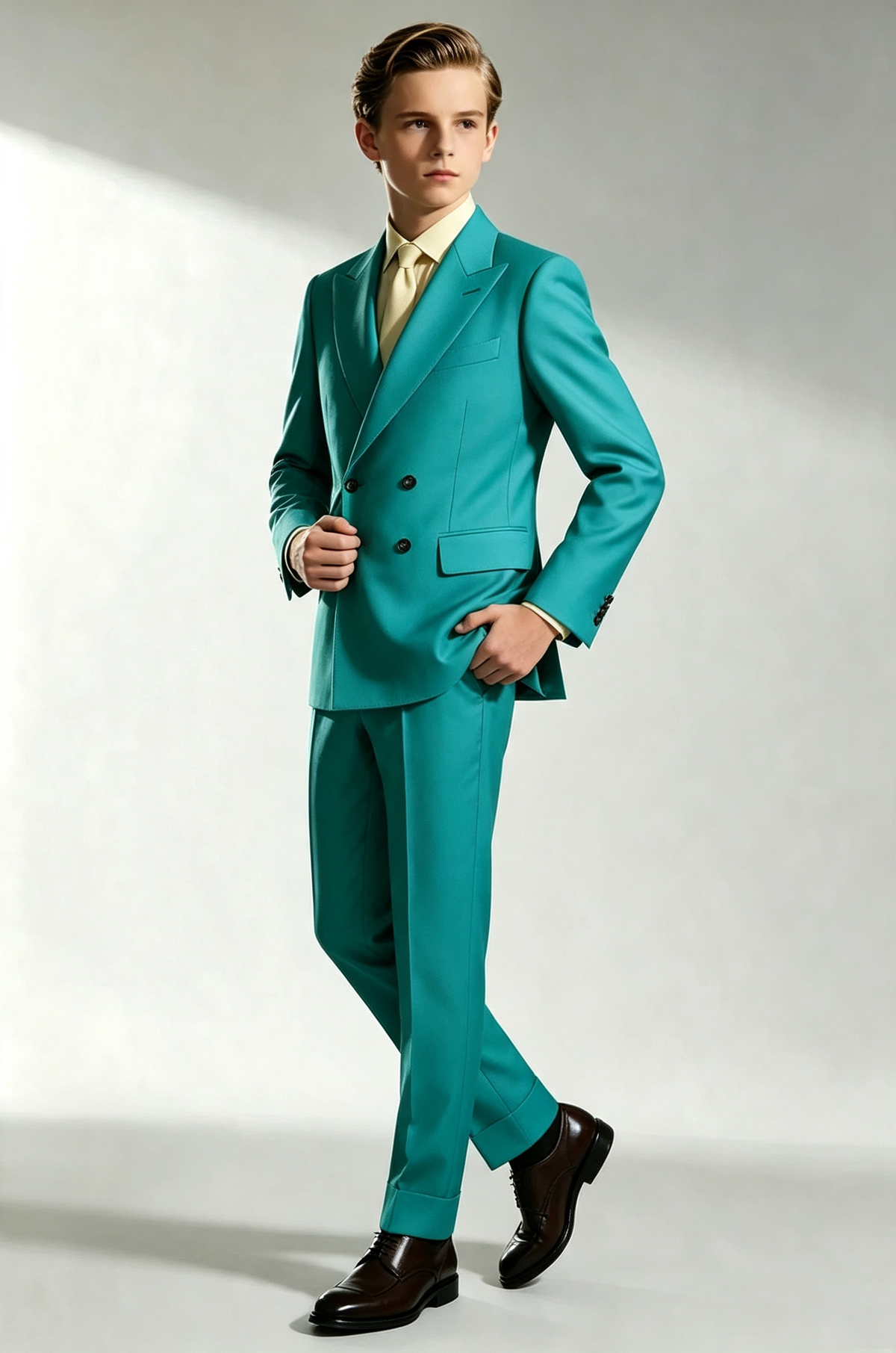 Teal?Blue Serge?Blend Boys 2?Piece Double?Breasted Formal Suit