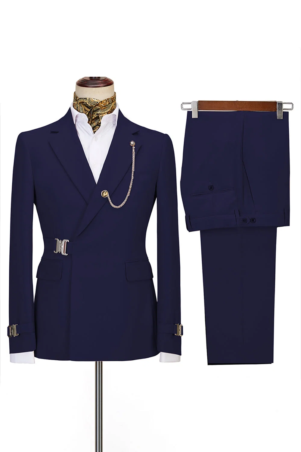 Navy Blue Serge-Blend 2-Piece Suit with Adjustable Waist Buckle