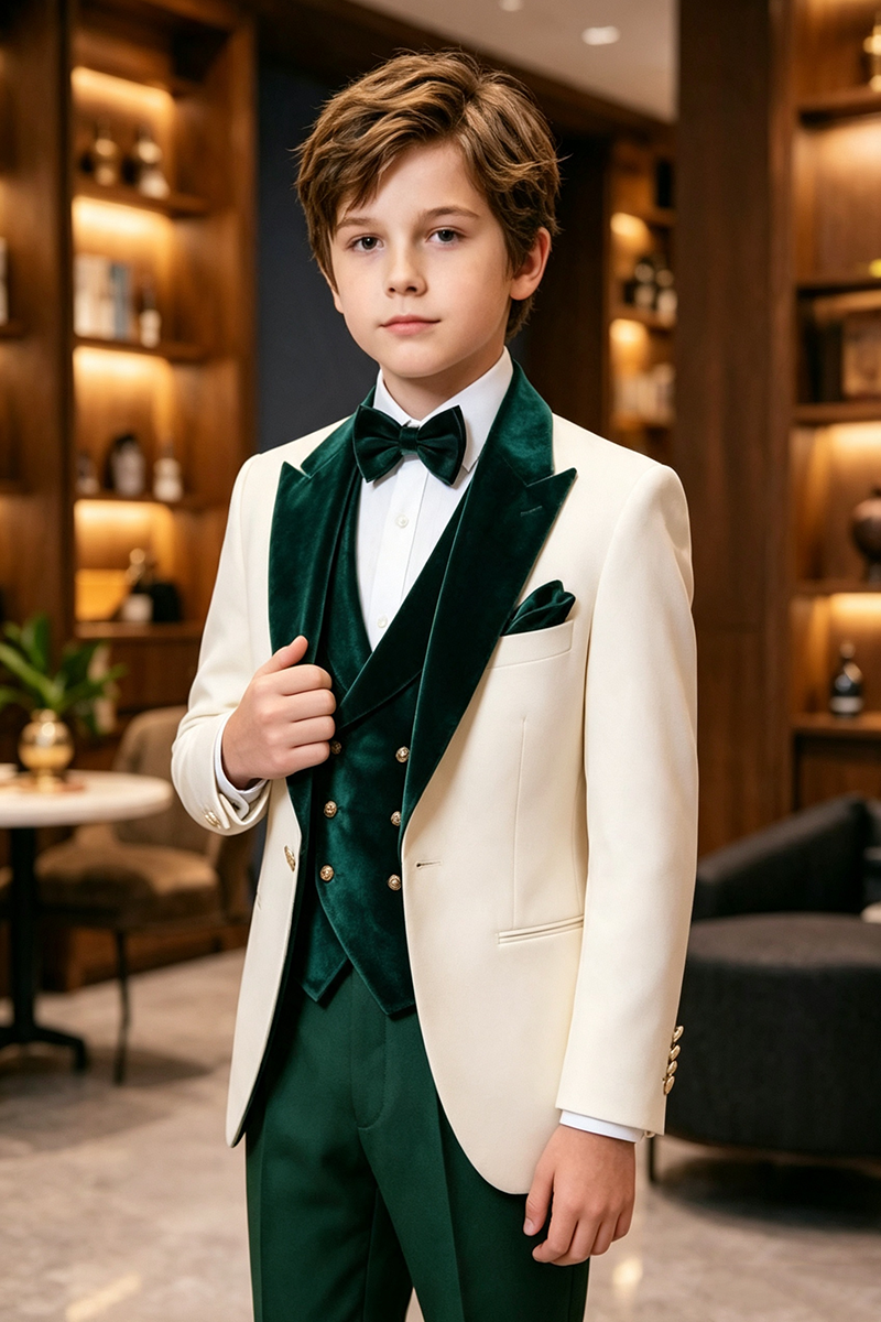 Boys Cream Velvet?Trim Tuxedo 3-Piece Suit for Wedding