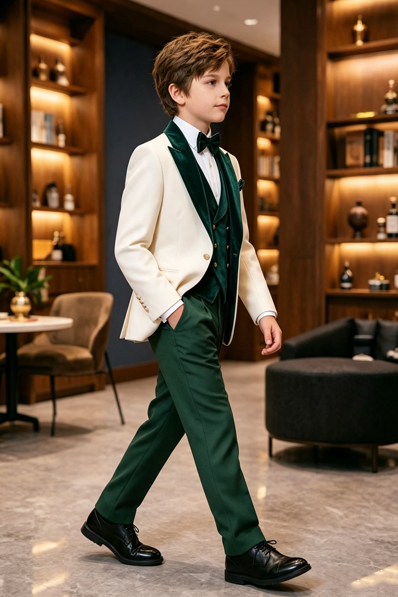 Boys Cream Velvet?Trim Tuxedo 3-Piece Suit for Wedding