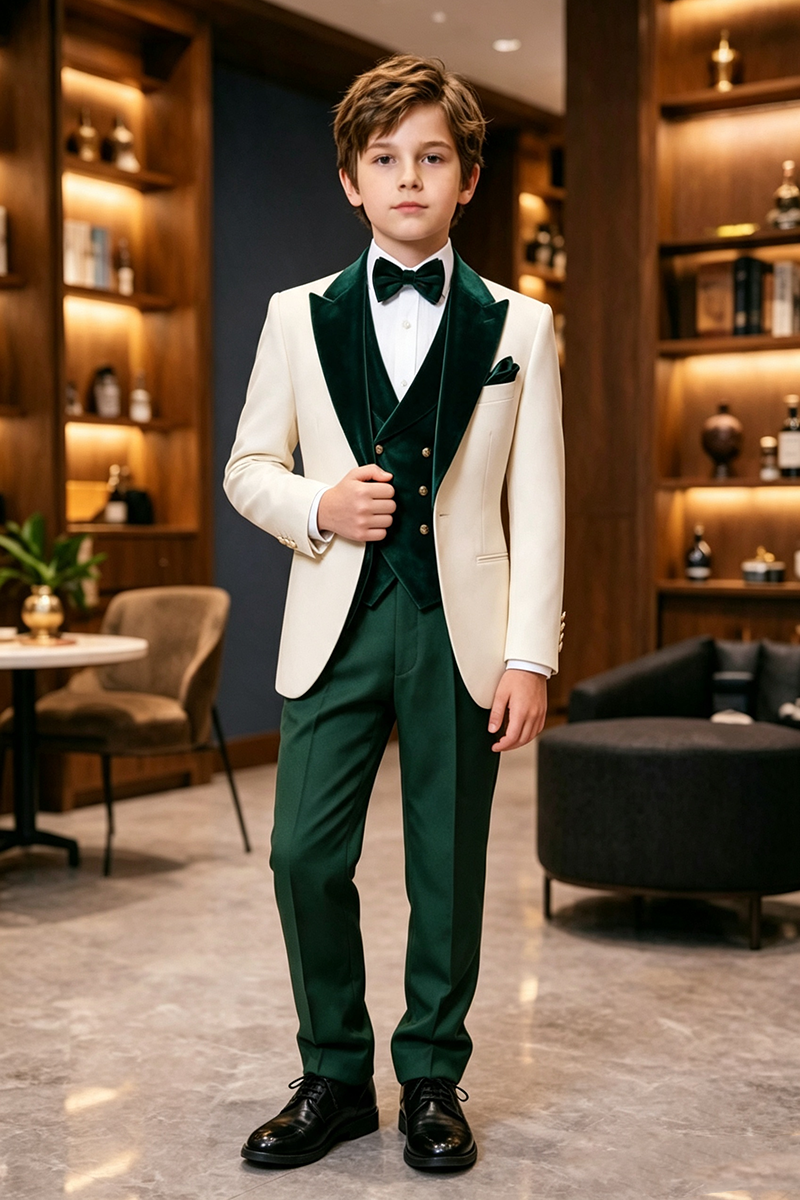 Boys Cream Velvet?Trim Tuxedo 3-Piece Suit for Wedding