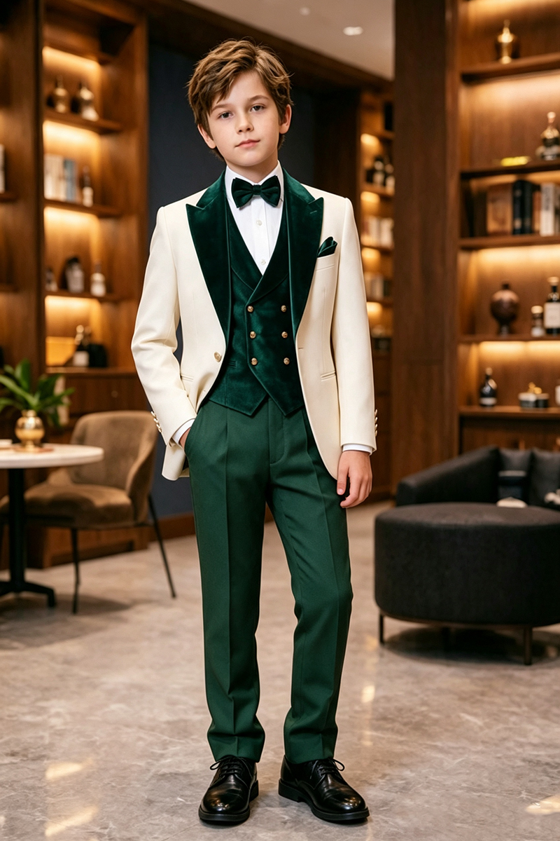 Boys Cream Velvet?Trim Tuxedo 3-Piece Suit for Wedding