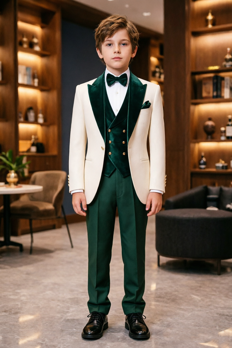 Boys Cream Velvet?Trim Tuxedo 3-Piece Suit for Wedding
