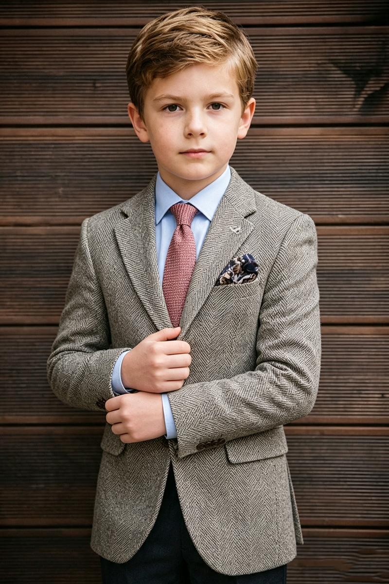 Boys Tweed Blazer for Weddings with Classic Notch Lapel Tailored Silhouette