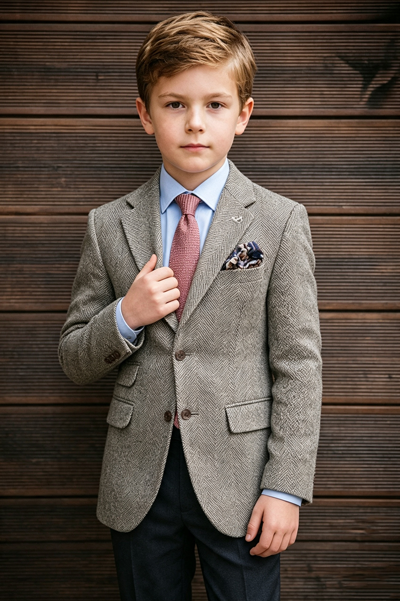 Boys Tweed Blazer for Weddings with Classic Notch Lapel Tailored Silhouette