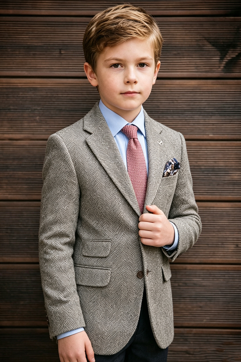 Boys Tweed Blazer for Weddings with Classic Notch Lapel Tailored Silhouette