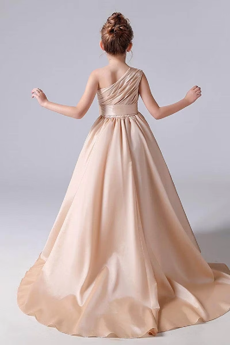 Girls Champagne Satin One‑Shoulder Flower Girl Dress for Weddings with Sash Bow Detail