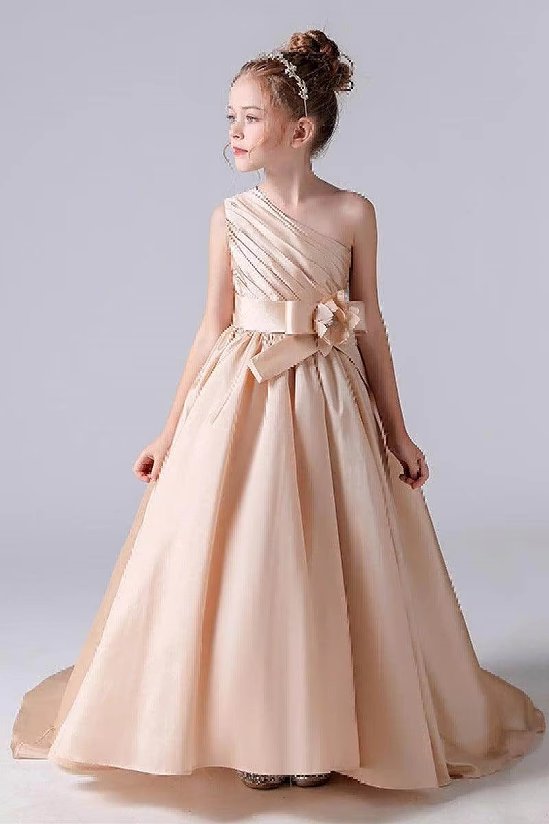 Girls Champagne Satin One‑Shoulder Flower Girl Dress for Weddings with Sash Bow Detail