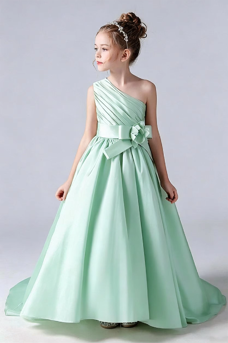 Girls Champagne Satin One‑Shoulder Flower Girl Dress for Weddings with Sash Bow Detail