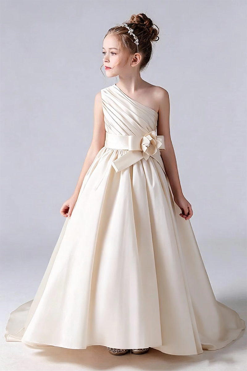 Girls Champagne Satin One‑Shoulder Flower Girl Dress for Weddings with Sash Bow Detail