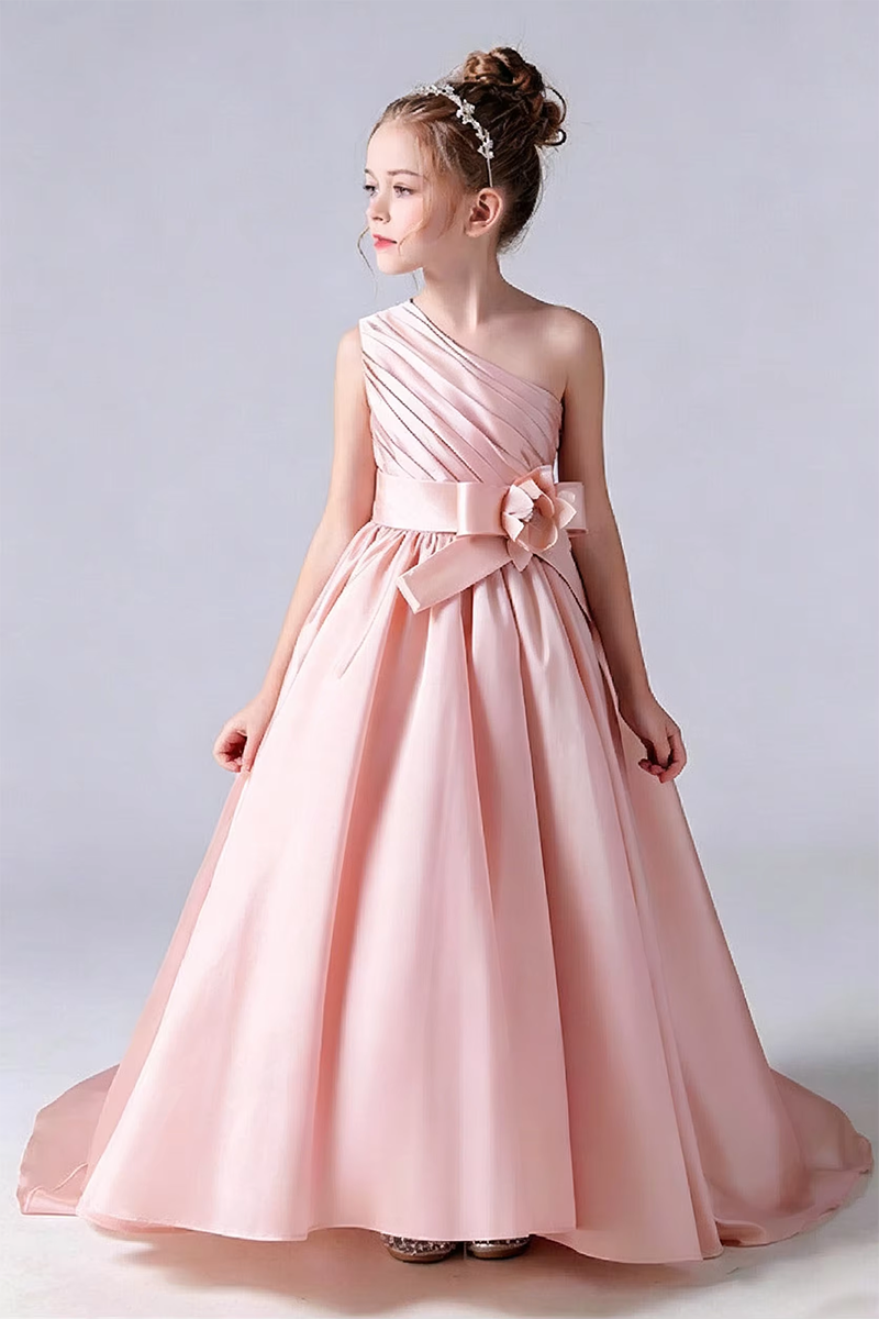Girls Champagne Satin One‑Shoulder Flower Girl Dress for Weddings with Sash Bow Detail