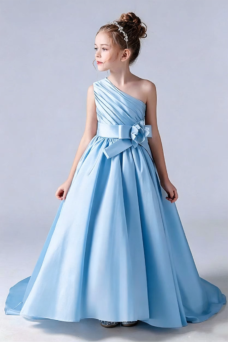 Girls Champagne Satin One‑Shoulder Flower Girl Dress for Weddings with Sash Bow Detail