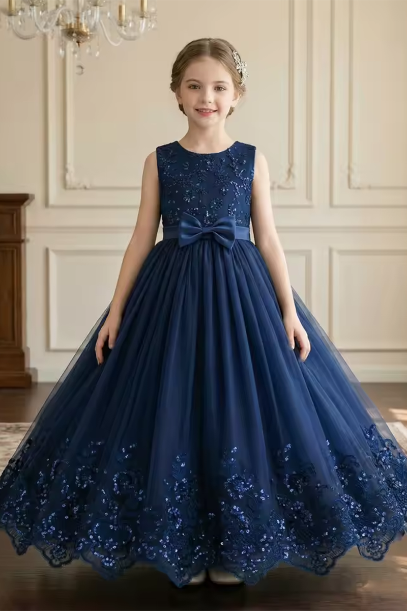 Girls Navy Blue Tulle Flower Girl Dress for Weddings with Sequin Lace Bow Sash