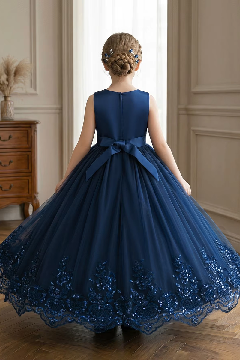 Girls Navy Blue Tulle Flower Girl Dress for Weddings with Sequin Lace Bow Sash